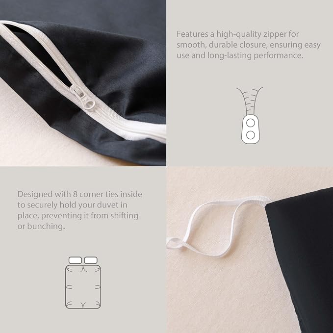 HeimenAogo Egyptian Cotton Duvet Cover Queen Size Sateen Weave, Silky Soft and Breathable Bedding Set with Zipper Closure, Long Staple Cotton Bed Linen Pure Black 3Pcs (90"×90")