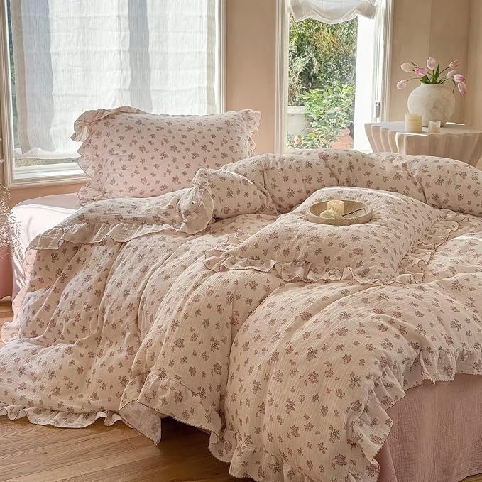 2 Layers Muslin Cotton Duvet Cover for Full Bed, Chic Ruffles Tuberose Floral Pattern Comforter Cover Twin Children Bedding Quilt Covers, No Pillow Case, Zipper Cloruse, 4 Ties