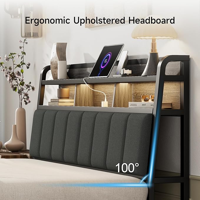 Queen Headboard Only with Storage, Charging Station, Black & Grey | Upholstered Headboards for Queen Size Bed with LED Light, Height Adjustable, Sturdy and Stable Headboard