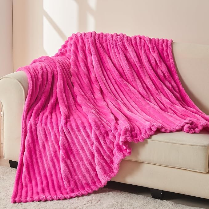 NEWCOSPLAY Fleece Ribbed Cozy Throw Blanket for Couch, Hot Pink, 50"x60" | Premium Silky Flannel Blanket, Soft Lightweight Fluffy Throw Blanket for Bed Sofa Decor, Gift for All Season Use