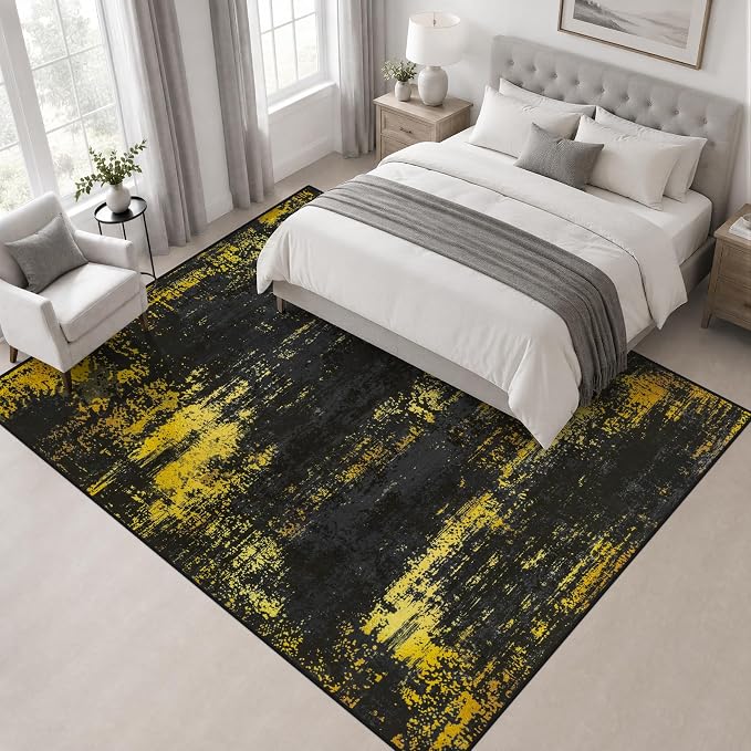 Area Rug Living Room: 6x6 Modern Washable Soft Carpet Black Gold | For Bedroom Dining Room Farmhouse Nursery Hallway Office,Modern Abstract,Machine washable,Non-Slip,Stain Resistant,Indoor