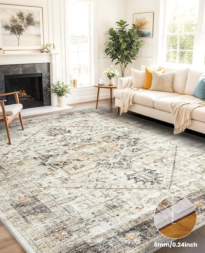 AMADA HOMEFURNISHING Washable Area Rug, Low-Profile Large Area Rug with Non-Slip Backing & Durable Edge Binding, Vintage Large Rugs for Living Room, Bedroom, Dinning Room, 9x12, Grey/Beige