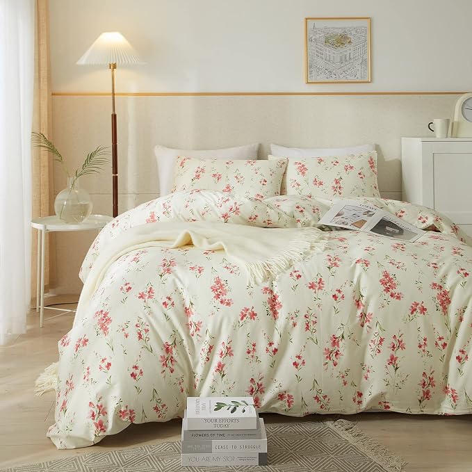 mixinni Boho Red Floral Girl Duvet Cover Set, Soft Cotton King Size 3-Piece Aesthetic Floral Bedding Set, 1 Chic Flower Leaf Pattern Duvet Cover and 2 Pillowcases for All Seasons-King Size