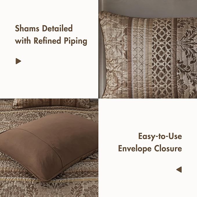 Madison Park Traditional Jacquard Quilt Set, 6PC King/Cal King Coverlet | Damask Design, All Season, with Shams, Decorative Pillows, Lightweight, Reversible, Brown/Gold