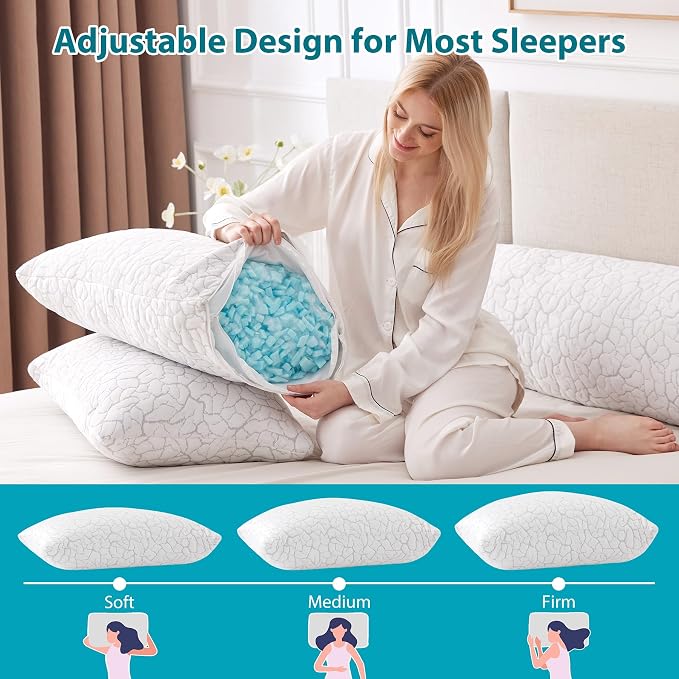 Cooling Pillows King Size Set of 2, Shredded Memory Foam | Adjustable for Hot Sleepers, Cold Pillows, Firm Bed Pillows, Side Back Stomach Sleeping, Removable Washable Cover