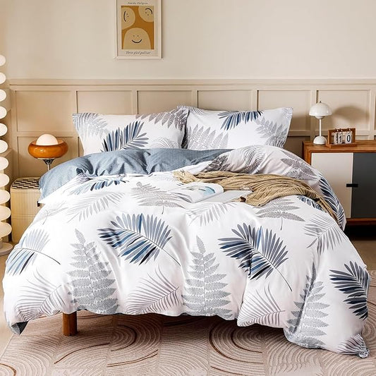OAITE Queen Duvet Cover Set 3pcs 100% Cotton Blue Leaf | Soft, Breathable,Long-lasting,Comfort,Hidden Zipper,8 Corner Ties,Easy Care for All Season