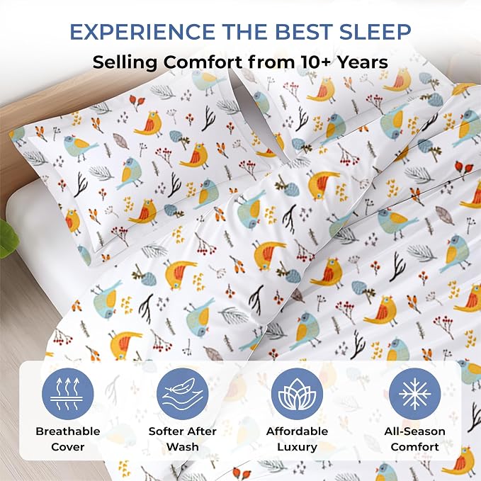 3 Pc Queen Size Duvet Cover Set- 100% Egyptian Cotton 600 Thread Count Ultra Soft Premium Durable Comforter Cover Zipper Closure & Corner Ties (Forest Birds,Queen/Full 90" X 90")
