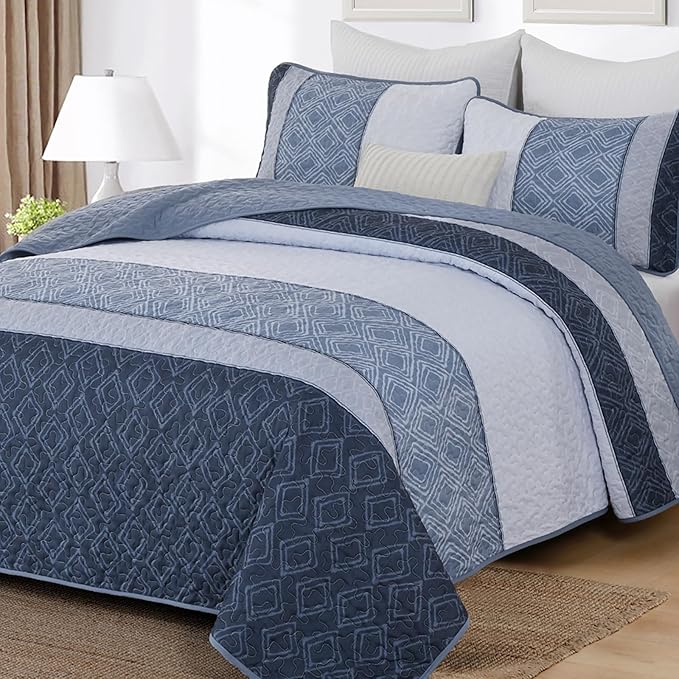 Cottolester Full Size Quilt,3 Pcs Mineral Blue Striped Plaid Bedspread | Boho Summer Bedding Set，Soft Lightweight Coverlets Set for Men Women,Microfiber Quilt Bedding Sets for All Seasons 78"x90"