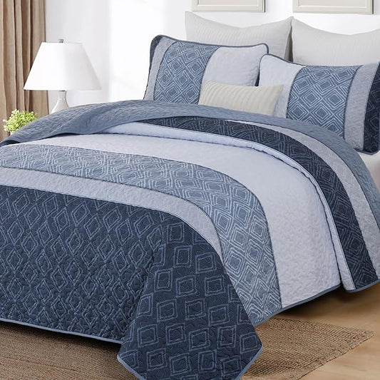 Cottolester Mineral Blue Queen Quilt Set,3 Pcs Boho Striped Plaid Bedspread | Ultra Soft Lightweight Coverlets Set for Men Women,Microfiber Summer Quilt Bedding Sets for All Seasons 96"x90"
