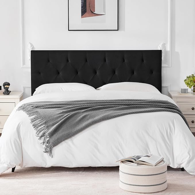 Linen Headboard Queen Size Only, Adjustable Height 37-51 in, Black | Diamond Tufting Solid Wood Queen Headboards, Durable Metal Legs, Upholstered Queen Head Board for Bed Frame, Modern Fabric