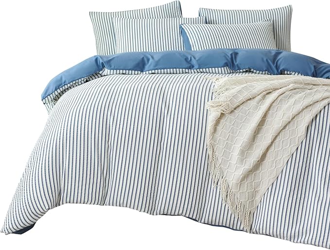 Striped Comforter Set Queen Denim Blue Soft Luxury Washed Microfiber Jacquard 3 Pieces Bedding Set, White Denim Blue Vertical Ticking Stripes Comforter with 2 Pillowcases Breathable Durable Comfy