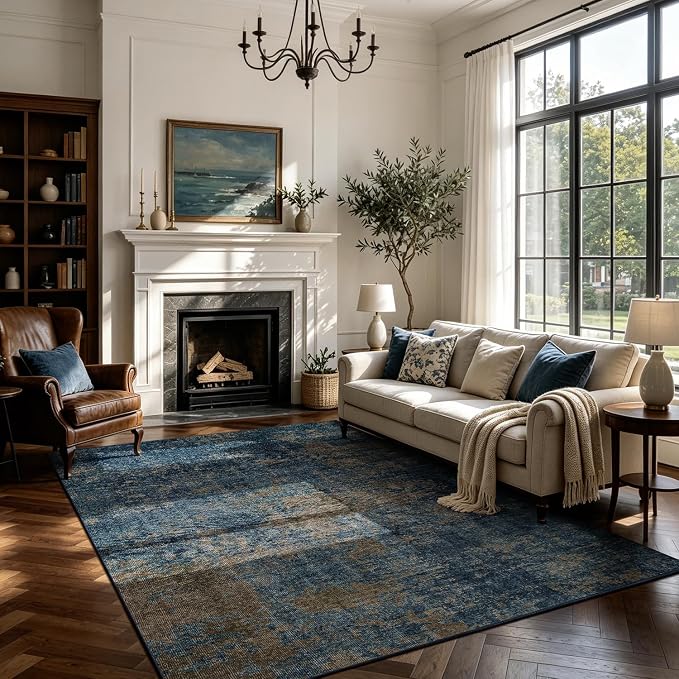 8x10 Washable Area Rug for Living Room,Bedroom,Dining Room,Nursery,Playroom | Ultra Soft,No Creases,Stain Resistant,Non-Slip,Non-Shedding,Machine Washable,Blue Brown Low Pile Carpet for Home Office Decor