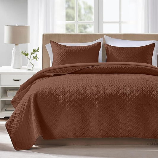 FLYMME Twin Quilt Bedding Set,Brown Lightweight Microfiber Bedspread, Modern Geometric Weave Stripe Pattern, Soft Summer & All-Season Bed Coverlet, Includes 1 Quilt & 1 Sham