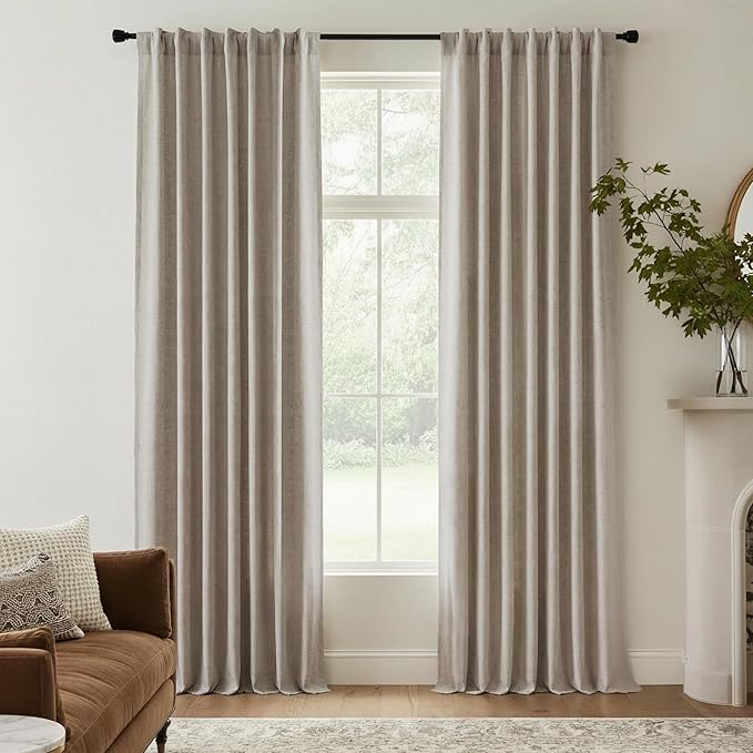 RYB HOME Linen Textured 100% Blackout Curtains 90 Inch Long for Bedroom | Thermal Insulated, Energy Saving, for Living Room Dining Sliding Glass Door Nursery, W52 x L90, 2 Panels,Natural Beige