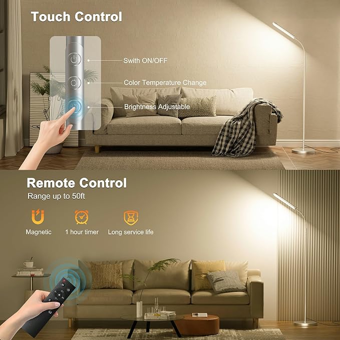 Yikuneng Dimmable LED Floor Lamp, Super Bright Reading Lamps Floor Standing lamp with Remote & Touch Control, Stepless Dimming & 2700K-6500K Color Temperature, for Living Room Bedroom Office, Silver
