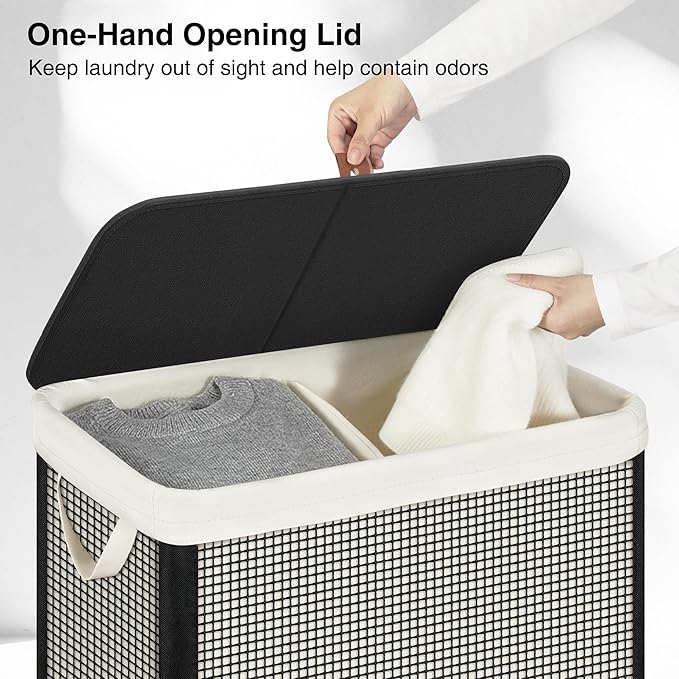 STO STO 2 Section Laundry Hamper with Lid, 140L Steel-Frame Double Laundry Hamper with Removable Washable Liner, Breathable Large Laundry Basket for Bedroom, Bathroom, Laundry Room, Dorm, Closet