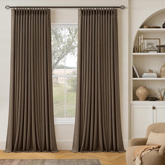 Dutch Cocoa 105 Inch Long Thick Linen Pinch Pleated 100% Blackout Curtains | Room Darkening Light Blocking, Pinch Pleat Curtain with Liner, for Living Room Bedroom, Thermal Insulated Soundproof, 40x105