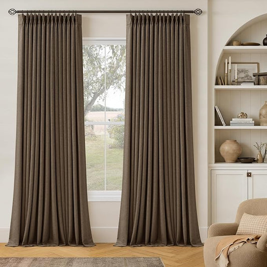 Dutch Cocoa 105 Inch Long Thick Linen Pinch Pleated 100% Blackout Curtains | Room Darkening Light Blocking, Pinch Pleat Curtain with Liner, for Living Room Bedroom, Thermal Insulated Soundproof, 40x105