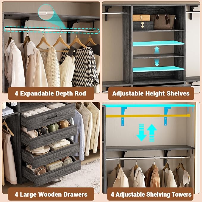 Aheaplus Closet System with 4 Drawers, 8FT Wood Closet Organizer System | 96" Closets Built In System Tower with Shelves & 4 Rods, Walk-in Closets Wardrobe Clothes Rack, Fits Spaces 4-9 ft, Black Oak