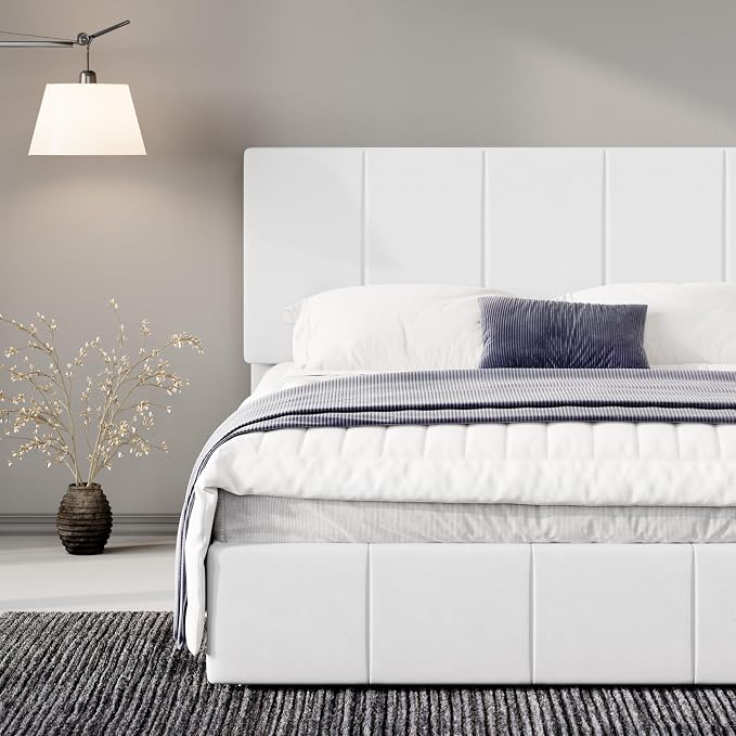 Allewie Queen Size Dutch Velvet Upholstered Platform Bed Frame/Vertical Channel Tufted Adjustable Headboard/Low Profile Bed Frame/No Box Spring Needed/Easy Assembly/White