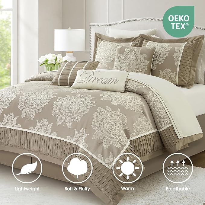 Beige Queen Comforter Set, 15 Pieces, Damask Jacquard Woven, Bedding Set with Sheets, Room in a Bag, Comforter, Bed Skirt, Pillow Shams and Decor Pillows, Curtains