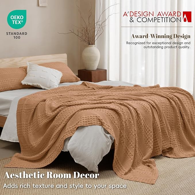 PHF Lightweight 100% Cotton Waffle Blanket for Bed, King, Clay | Pre-Washed Soft Cotton Comfort, Breathable Layering Warmth for Fall & Winter, Bed, Sofa, Couch, Home Decor & Gifts