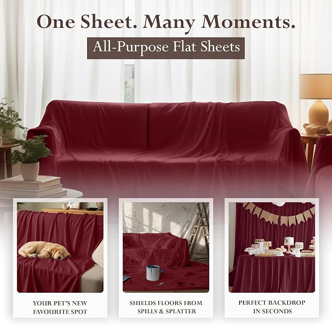 Queen Size Flat Sheet Only, Ultra Soft & Breathable Hotel Sheets, Burgundy | Hotel Bedding, Cooling Comfort, Smooth Feel, Wrinkle & Fade Resistant, Easy Care, Long-Lasting, Machine Washable, OEKO-TEX