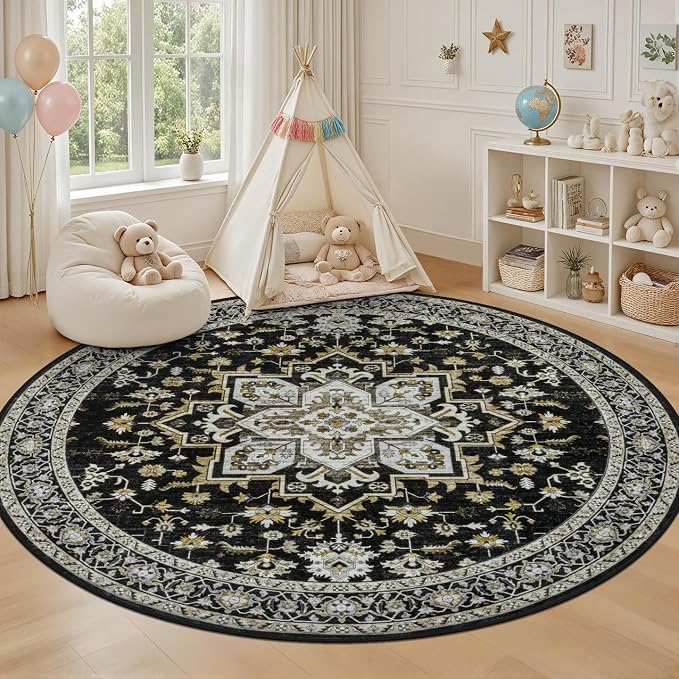 Round Area Rug for Living Room: 4ft Boho Washable Rug Black Gold | Vintage Boho Soft Round Rug Indoor Floor No Slip Carpet Stain Resistant Rugs for Bedroom Dining Room Nursery Home Office