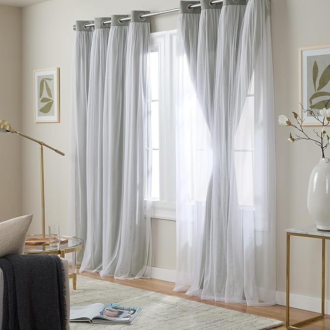 TOWN & COUNTRY LUXE Talia Double Layer Indoor Curtains, Sheer and Room Darkening Blackout, Grommet Top, Energy Efficient, 2-Pack Set, 52"x96", Soft Grey