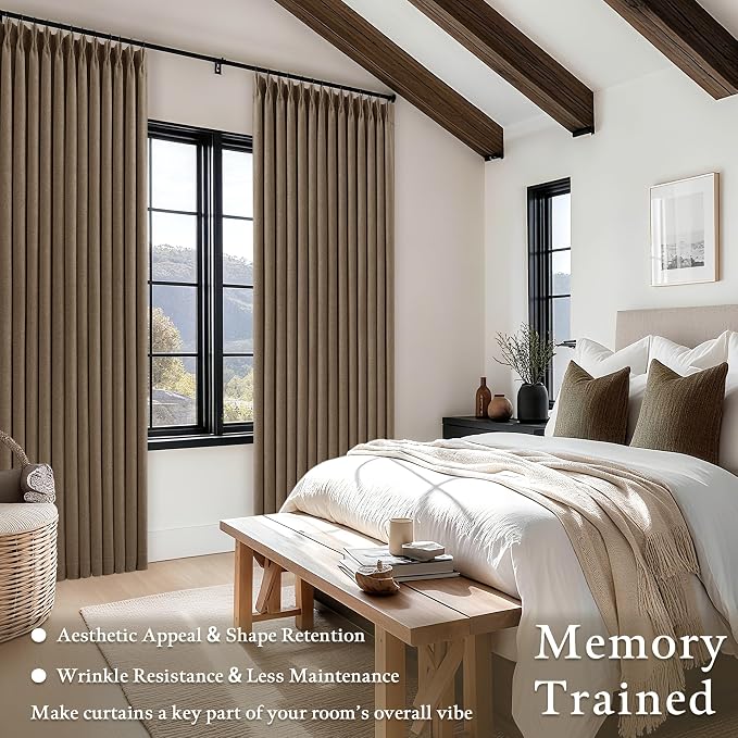 Latte 90 Inch Pinch Pleated Blackout Linen Curtains for Bedroom Living Room | Pinch Pleat Drapes, Black Out, Thermal Insulated, Room Darkening, with Rings Hooks, Light Brown Curtains with Liner 40x90