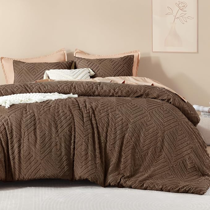 Litanika Queen Size Comforter Set, 3 Pieces Brown Tufted Boho Bedding Set | Farmhouse Shabby Chic Vintage Bohemian Textured Aesthetic Soft Fluffy Lightweight Breathable All Season Bed Set for Queen Bed
