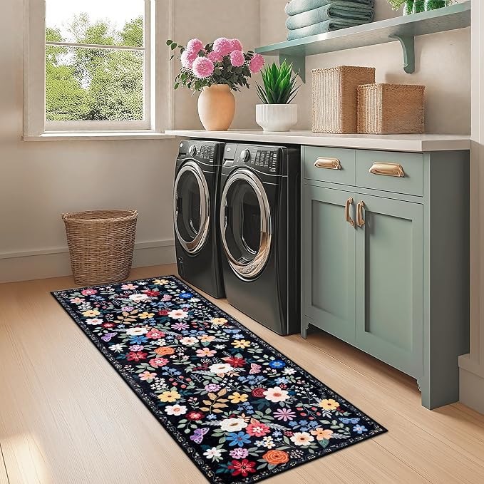 PLHXFR 2.6x8 Washable Runner Rug：Floral Indoor Kitchen Soft Carpet Black | For Hallway Bedroom Kitchen Laundry Bathroom Dorm,Vintage Floral,Machine washable,Non Slip,Stain Resistant,Indoor Floor