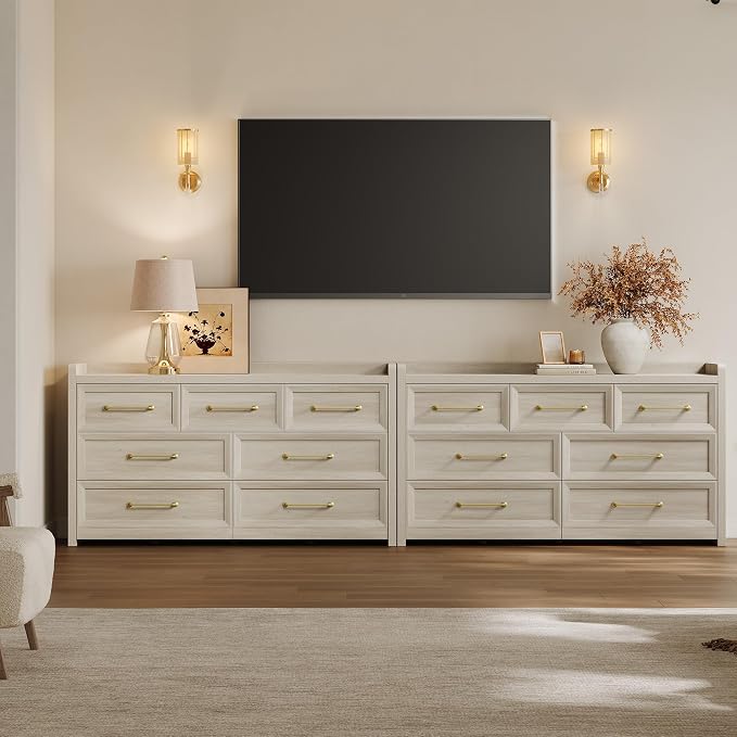 SICOTAS Dresser for Bedroom with 7 Drawers, 56.5" Wide Large Modern Dresser | Chest of Drawers for Living Room, Closet Clothes Storage Organizer Smooth Sliding Drawers, Grey White Oak