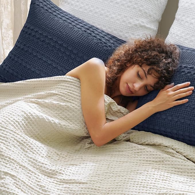 PHF 100% Cotton Waffle Pillow Shams King Size, 2 Pack 20" x 36" Soft Skin-Friendly Pillowcases, No Filling, Aesthetic Woven and Breathable Waffle Weave Pillow Case Covers for Bed, Indigo