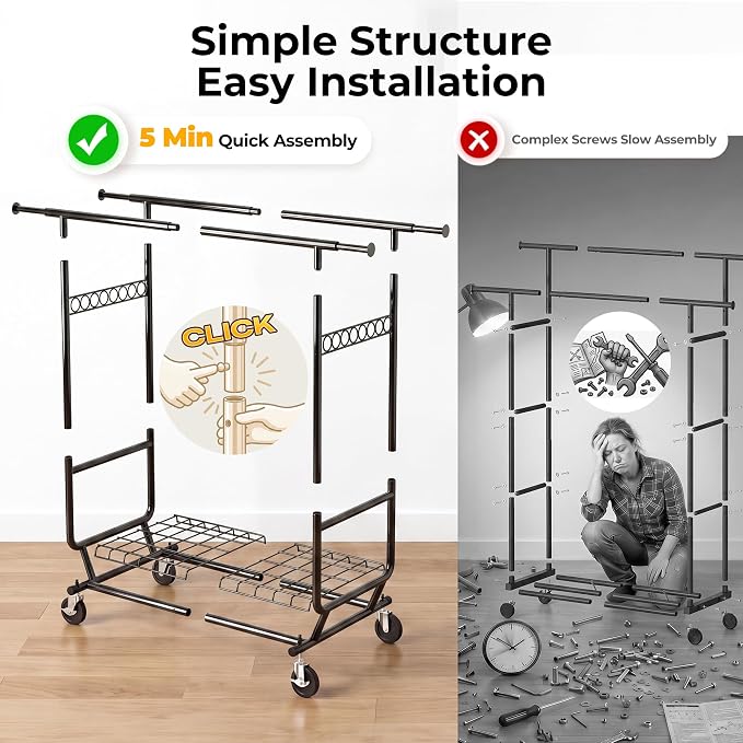HOKEEPER Clothes Rack Heavy Duty Clothing Rack Load 650 LBS Collapsible | Garment Rack with Wheels Double Rod Clothes Rack for Hanging Clothes Commercial Portable Black, 2 Packs 22"D*75"W*68"H