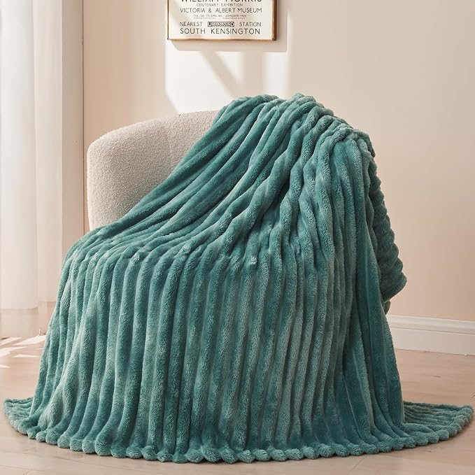 NEWCOSPLAY Fleece Ribbed Cozy Queen Blanket for Couch, Light Teal, 90"x90" | Premium Silky Flannel Blanket, Soft Lightweight Fluffy Throw Blanket for Bed Sofa Decor, Gift for All Season Use