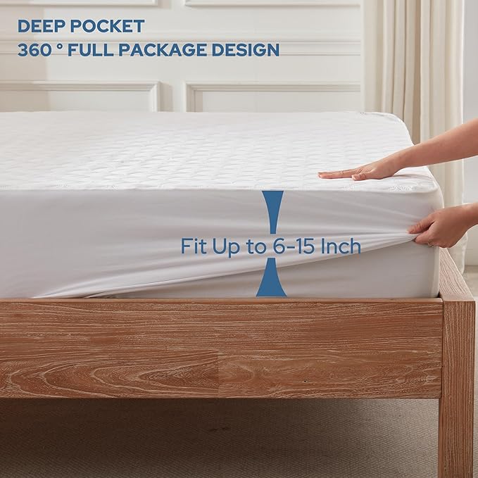 BEDLORE Waterproof Mattress Protector, Full Size, Deep Pocket, Eco-Friendly, Waterproof, Stain Protection, Washable, White | Soft Noiseless Breathable Bed Mattress Cover Pad, Fits 6-15 Inch Deep Mattresses, Ideal for Home Bedroom, Hotel, White