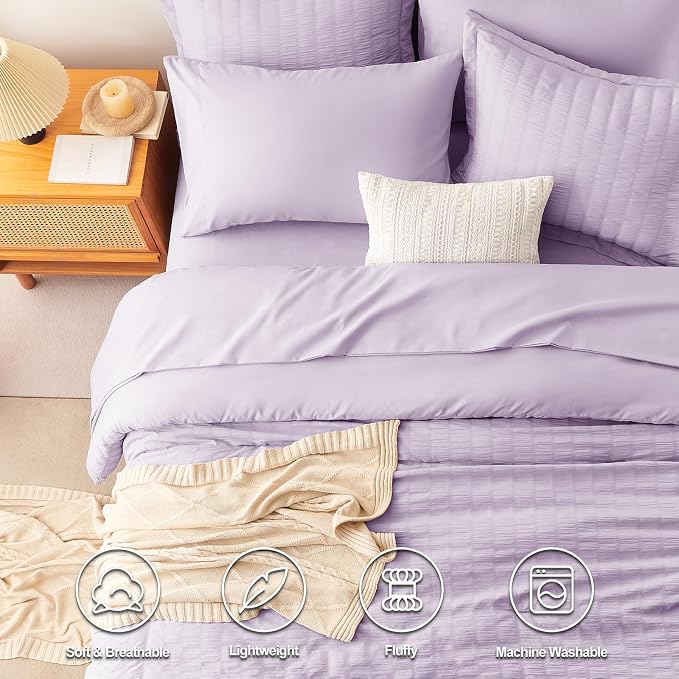 King Comforter Set, 7 Pieces Light Purple Seersucker Bed in a Bag | OEKO-TEX Certified, All Season Bedding Set with 240 GSM Down Alternative Comforter, Flat & Fitted Sheets, Pillowcases & Shams