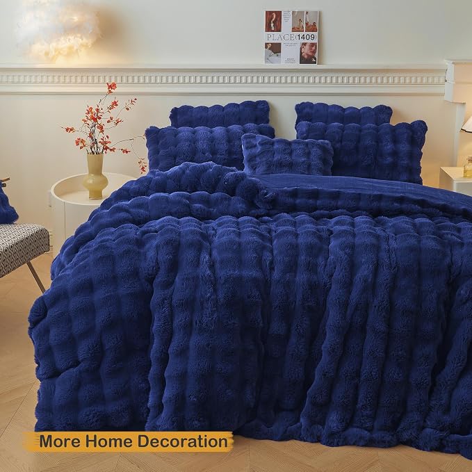 LIFEREVO Fluffy Faux Rabbit Fur Body Pillow Cover 20"x54", Navy Blue | Luxury Bubble Waffle Shaggy Bed Pillowcase with Hidden Zipper, Decorative Royal Long Fuzzy Pillow Case for Adults Kids Girls