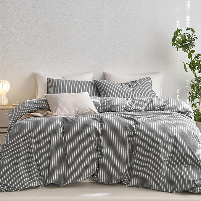 MooMee Striped Duvet Cover Set 100% Washed Cotton Linen Like King | Relaxed Linen-like Texture. Soft, Breathable & Long-lasting Comfort. Lightweight. Hidden Zipper with 8 Interior Corner Ties