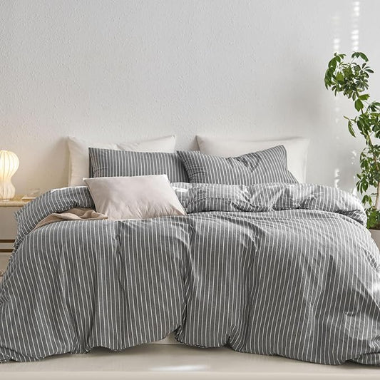 MooMee Striped Duvet Cover Set 100% Washed Cotton Linen Like Queen | Relaxed Linen-like Texture. Soft, Breathable & Long-lasting Comfort. Lightweight. Hidden Zipper with 8 Interior Corner Ties