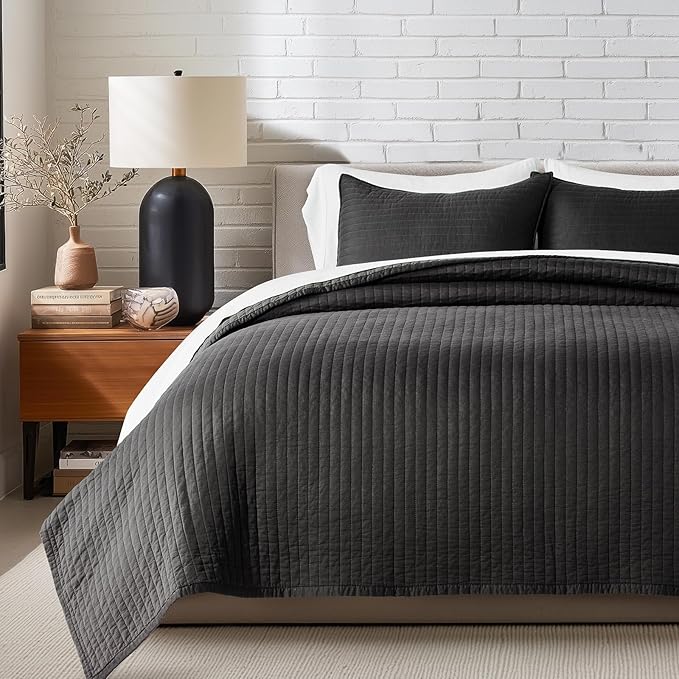 EVERGRACEHOME Cotton Sateen Quilt Set, Queen Size, Washed Black | 100% Cotton, Channel Stitch Coverlet Bedspread, Pre-Washed Lightweight Soft Bedding Set for All Season, 3 Piece, with 2 Shams