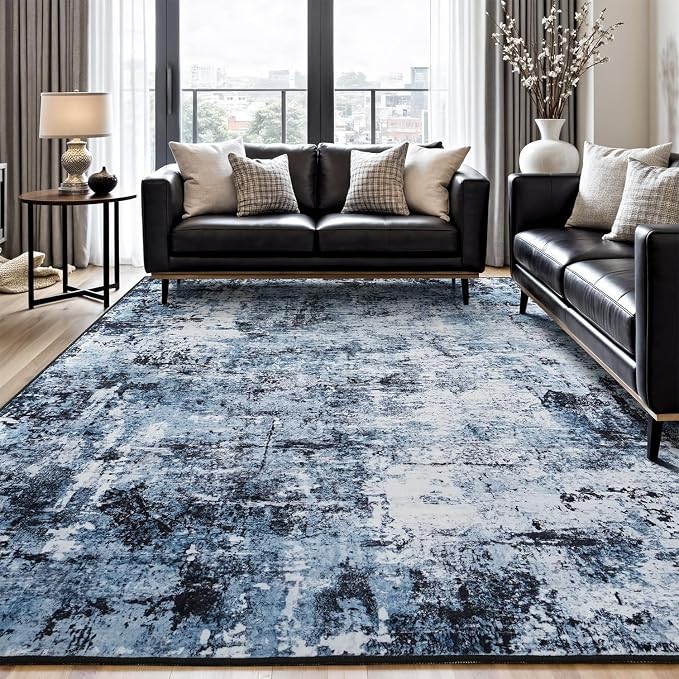 Rugflix 8x12 Area Rugs for Living Room, Washable Navy Blue Dark Large Rug | Machine Washable; Stain-Resistant; Low Pile; Non-Slip; Modern Abstract; Black Carpet for Bedroom Dining Office Nursery Home