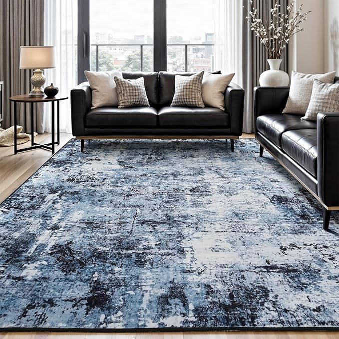Rugflix 10x12 Area Rugs for Living Room, Washable Navy Blue Dark Large Rug | Machine Washable; Stain-Resistant; Low Pile; Non-Slip; Modern Abstract; Black Carpet for Bedroom Dining Office Nursery Home