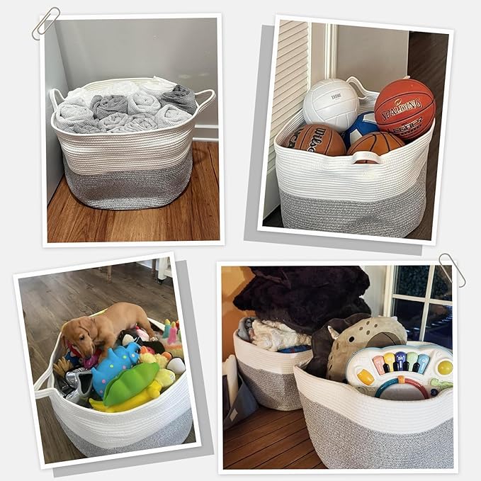 INDRESSME XXXLarge Woven Rope Blanket Basket Living Room Light Grey, 90L | 21.7" x 13.8" Storage baskets for toys laundry & pillows. Fits living room, bedroom or nursery décor. Soft-touch with handles