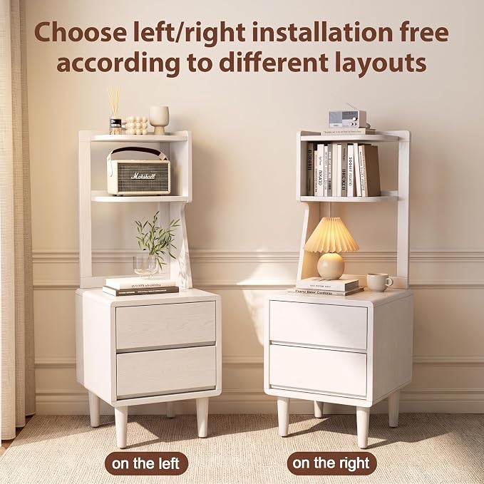 Solid Wood Bookshelf Nightstand Combo, Tall Nightstand with Bookshelf | White Nightstand Bookshelf,Solid Wood Nightstand with Drawers,Open Shelf Bookcase,for Bedroom,Living Room,Offices