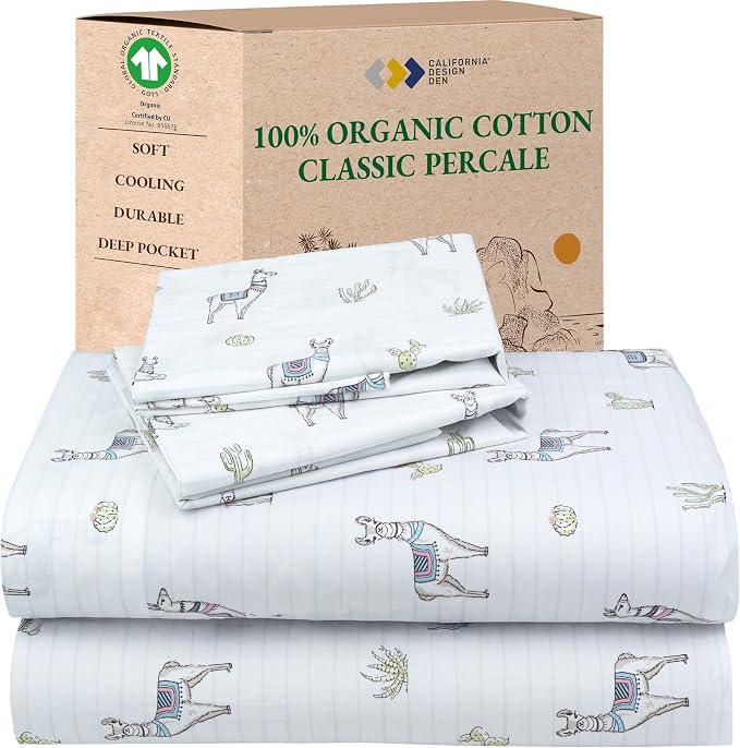 California Design Den Organic Cotton Deep Pocket Queen Sheets, Llama Print | GOTS Certified, Lightweight Crisp & Airy Percale For Hot Sleepers, 15" Deep Pocket, All-around Elastic, Easy Care