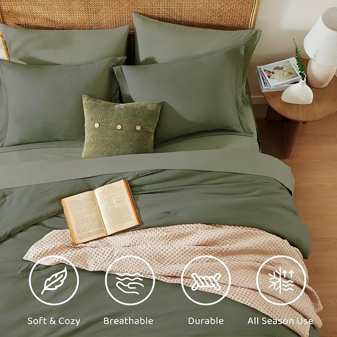 Super King Plus Size Comforter Set- 7 Pieces Bed in a Bag King Bedding Sets | Prewashed All Season Comforter with Sheets, Pillow Shams & Pillowcases,Olive Green