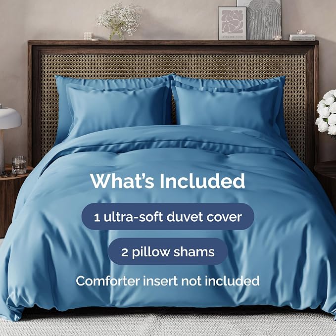 Duvet Cover Cal King Size - 3 Piece with Zipper Closure - Denim Blue | Extra Soft, Breathable, Cal King Duvet Cover 104" x 98" with 2 Pillow Shams, Zipper Closures & Ties, Women, Men, Kids & Teens