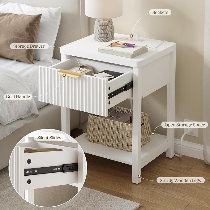 Night Stand Set 1, Fluted Wood Bedside Table w/Socket Station for Bedroom | White, Storage Drawer, Open Shelf, Metal Silent Rails, Round Corners, Modern Fluted Panel, Living Room, Bedside Table